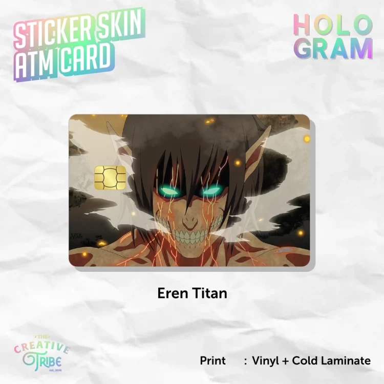 Sticker Skin Card HOLOGRAM Eren Jaeger Attack Titan - SNK AOT Vinyl ATM Debit Credit Emoney Flazz Stiker
