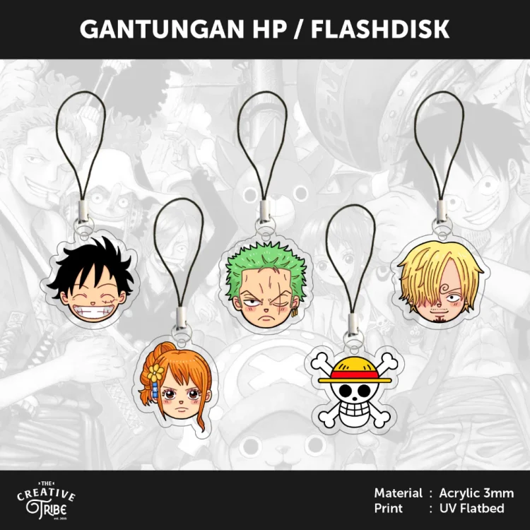 One Piece Head - Gantungan HP / Flashdisk Akrilik 3mm - Hiasan Aksesoris Tali Charm Handphone USB Luffy Zoro Sanji Anime