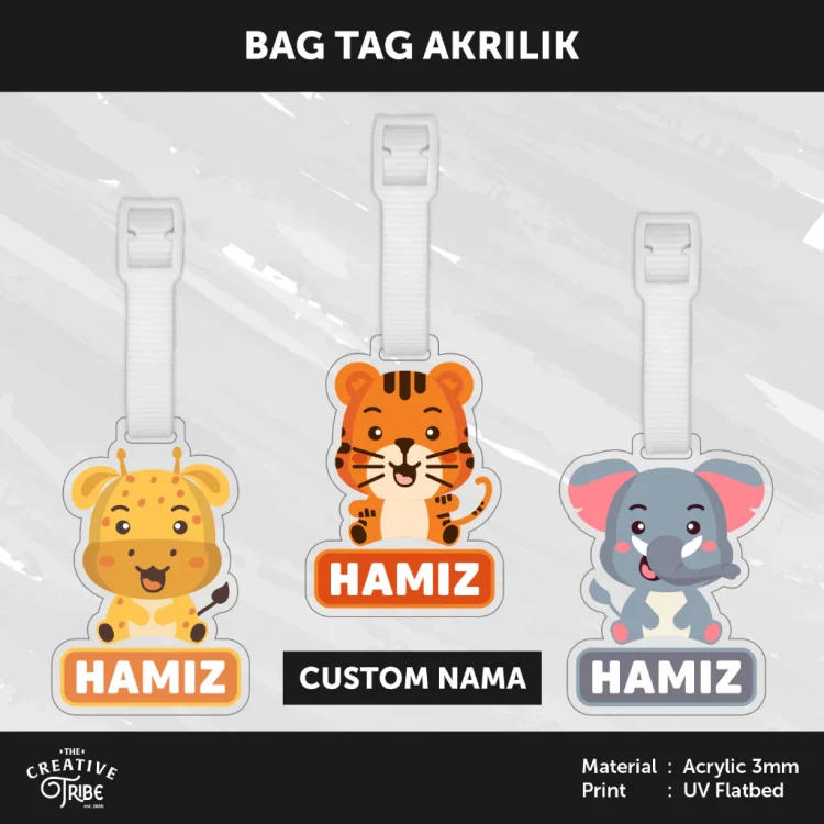 Animal - Bag Tag Custom Inisial Nama Akrilik 3mm - Gantungan Tas Koper Luggage Kids Hewan
