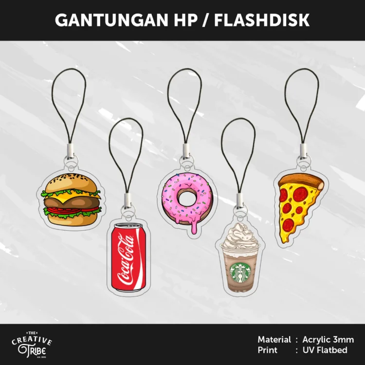 Fast Food - Gantungan HP / Flashdisk Akrilik 3mm - Hiasan Aksesoris Tali Charm Handphone USB Snack