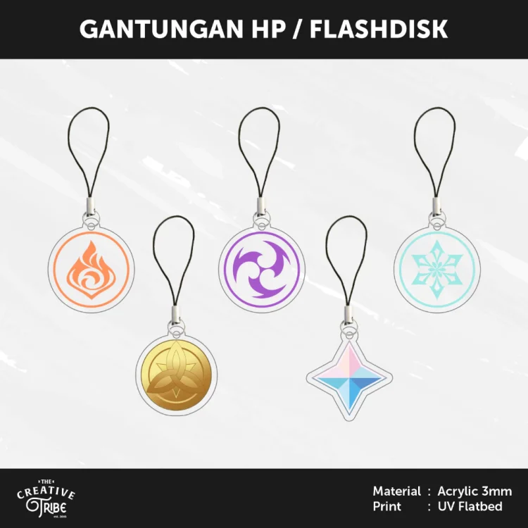 Genshin Impact Element - Gantungan HP / Flashdisk Akrilik 3mm - Hiasan Aksesoris Tali Charm Handphone USB Game