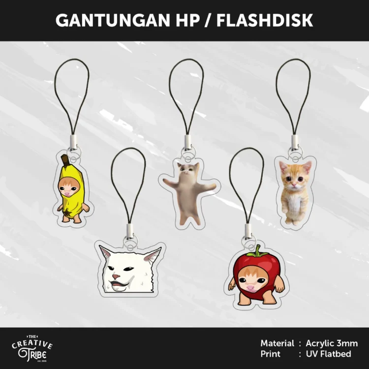 Happy Cat Meme - Gantungan HP / Flashdisk Akrilik 3mm - Hiasan Aksesoris Tali Charm Handphone USB Kucing Hapi