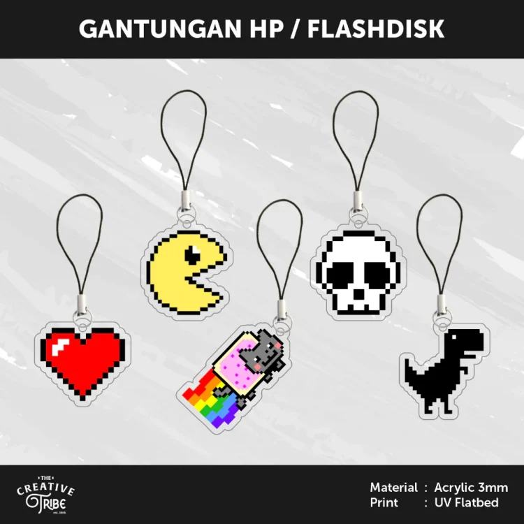Pixel Art - Gantungan HP / Flashdisk Akrilik 3mm - Hiasan Aksesoris Tali Charm Handphone USB Nyan Cat Pacman