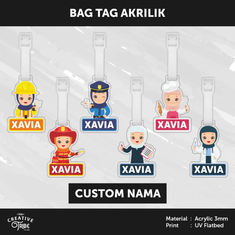 Profession Girl - Bag Tag Custom Nama Akrilik 3mm - Gantungan Tas Koper Luggage Kids Hijab