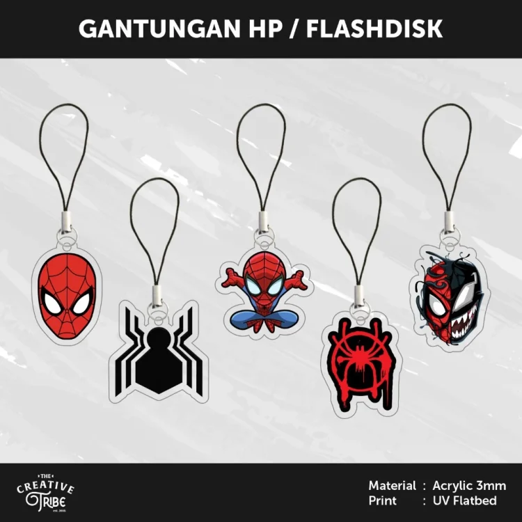 Spider Man - Gantungan HP / Flashdisk Akrilik 3mm - Hiasan Aksesoris Tali Charm Handphone USB Marvel