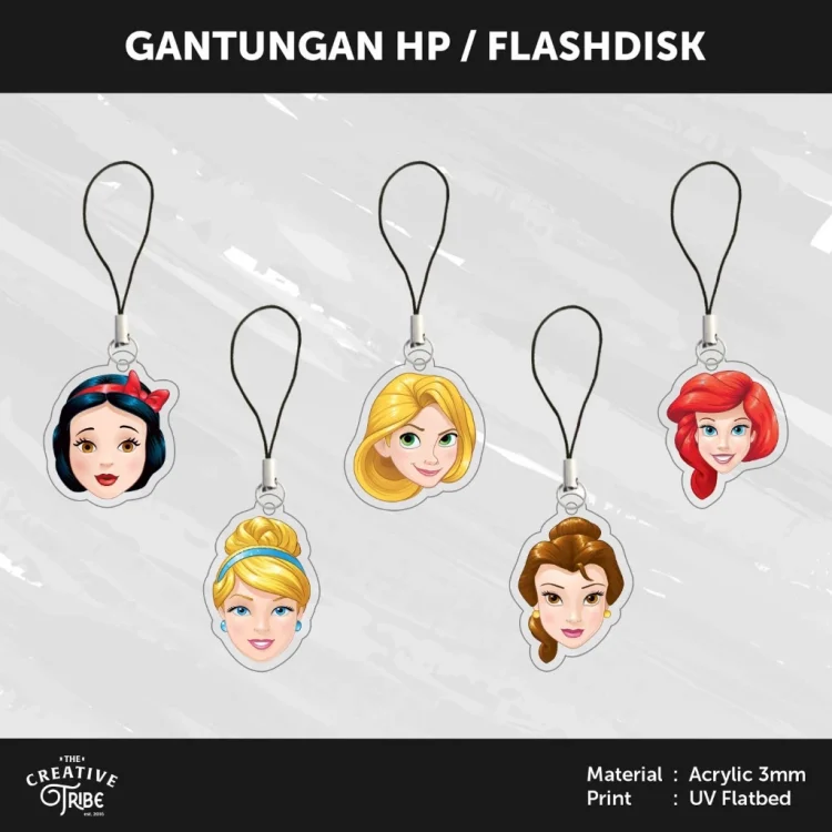 Princess - Gantungan HP / Flashdisk Akrilik 3mm - Hiasan Aksesoris Tali Charm Handphone USB