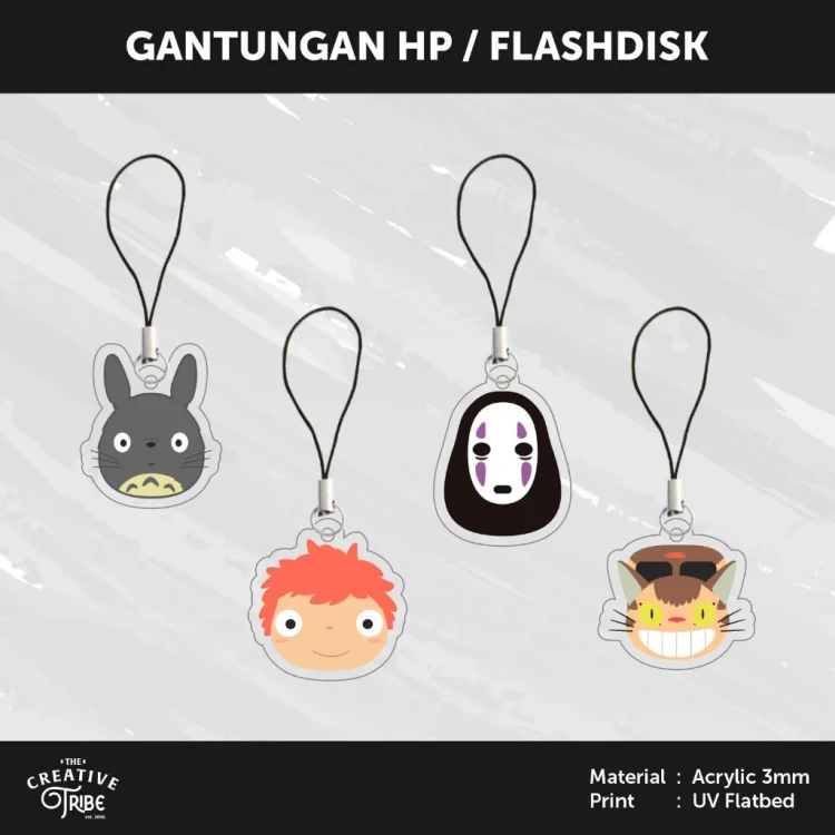 Ghibli - Gantungan HP / Flashdisk Akrilik 3mm - Hiasan Aksesoris Tali Charm Handphone USB Anime