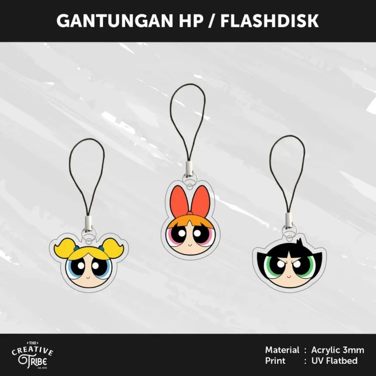 Powerpuff Girl - Gantungan HP / Flashdisk Akrilik 3mm - Hiasan Aksesoris Tali Charm Handphone USB Anime
