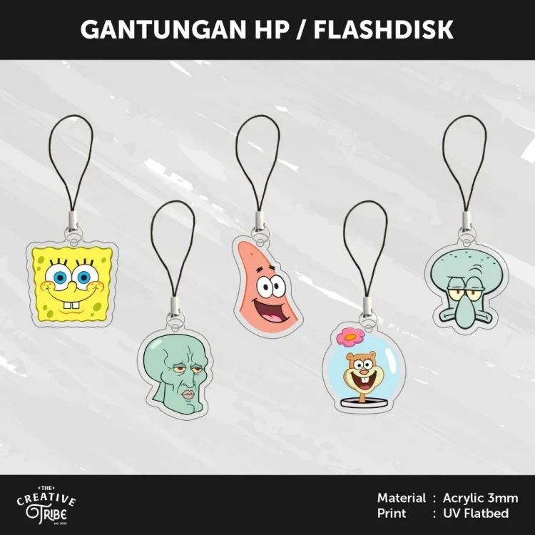 Spongebob - Gantungan HP / Flashdisk Akrilik 3mm - Hiasan Aksesoris Tali Charm Handphone USB Anime