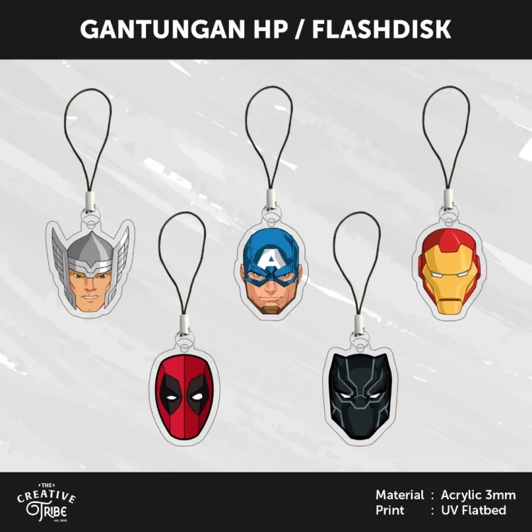Marvel Hero - Gantungan HP / Flashdisk Akrilik 3mm - Hiasan Aksesoris Tali Charm Handphone USB Superhero