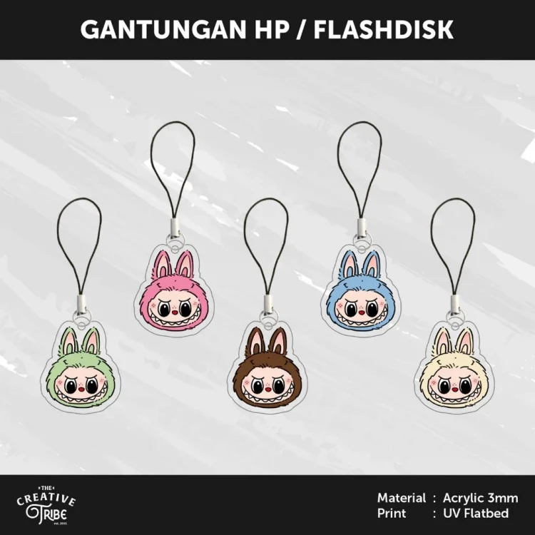 Labubu - Gantungan HP / Flashdisk Akrilik 3mm - Hiasan Aksesoris Tali Charm Handphone USB