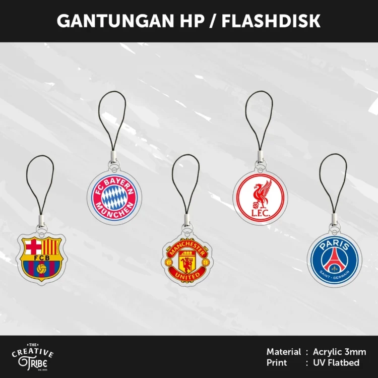 Gantungan HP / Flashdisk Gelang Bandul - Club Bola Akrilik 3mm - Hiasan Aksesoris Tali Charm Handphone USB Football