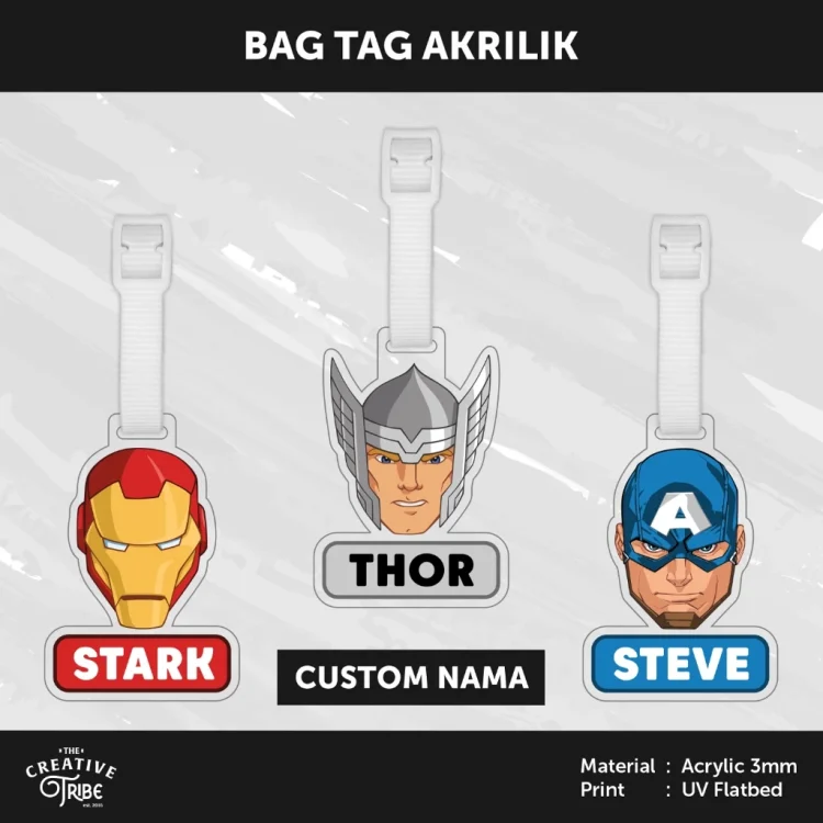 Marvel - Bag Tag Custom Nama Akrilik 3mm -Gantungan Tas Koper Luggage Iron man Spiderman Super hero