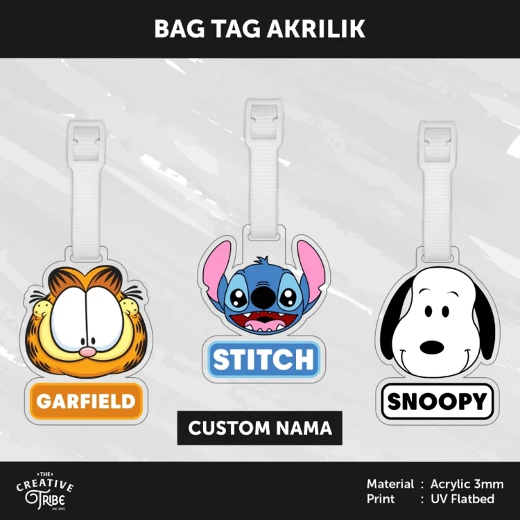 Bag Tag Custom Nama - Cartoon Akrilik 3mm -Gantungan Tas Koper Luggage Stitch Garfield Snoopy